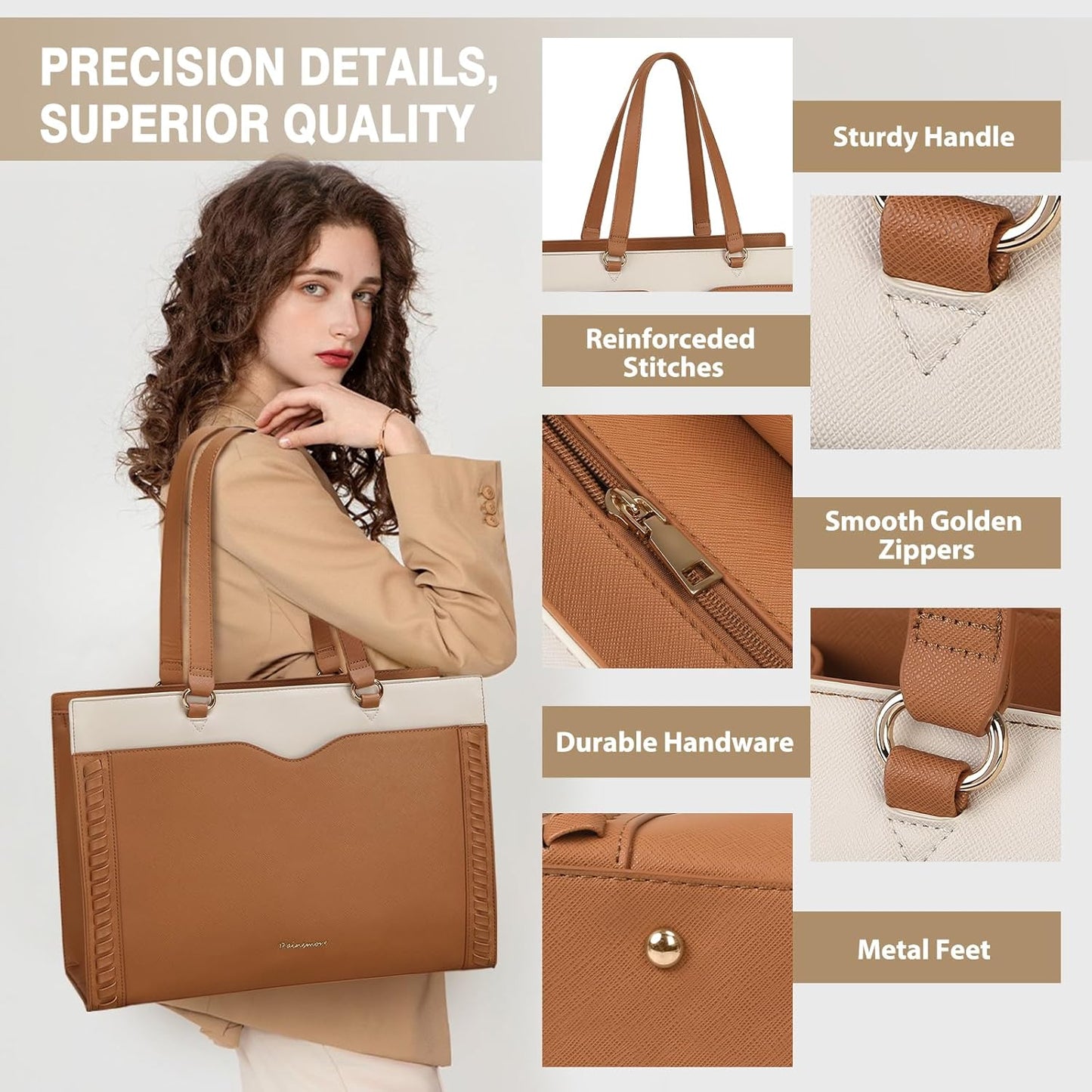 RAINSMORE Laptop Bag for Women 15.6 Inch Work Tote Bag with Detachable Strap & Bow Leather Laptop Tote with Cup Holder