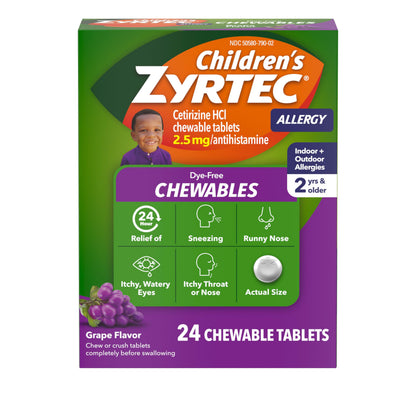 Zyrtec Children's Dye-Free Chewables for 24 Hour Allergy Relief, 10 mg Cetirizine Hydrochloride Antihistamine Tablets, Kids Allergy Medicine Relieves Sneezing & Itchy Throat, Grape, 48 ct(Pack of 2)