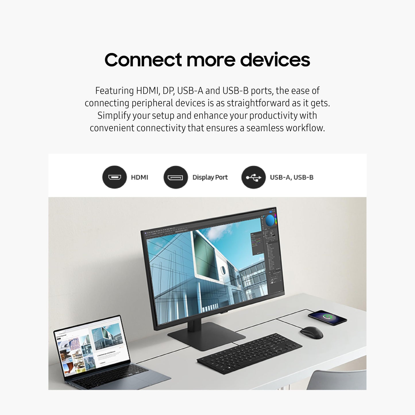 SAMSUNG 27" ViewFinity S6 (S60UD) Series QHD High Resolution Computer Monitor, 100Hz, HDR10, USB-C, Built-In LAN Port, Daisy Chain Support, Easy Setup, Height Adjustable Stand, LS27D606UANXGO, 2024