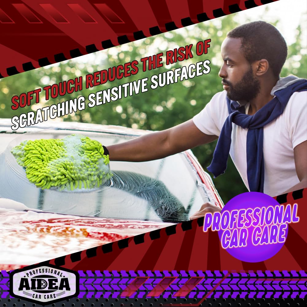 AIDEA Car Wash Mitt Microfiber, 2PK Scratch Free Lint-Free, Premium Chenille Microfiber Mitt Car Wash Brush, Green, Regular Size 7.12''X10.14''