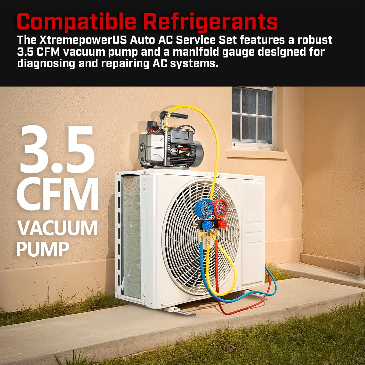 XtremepowerUS 3CFM 1/4HP Vacuum Pump HVAC R134a, R12, R22, R410a, A/C Refrigeration R134 Can Tap Adapter, R134 Quick Connector AC Manifold Gauge Air Conditioner Oil Bottle w/Bag