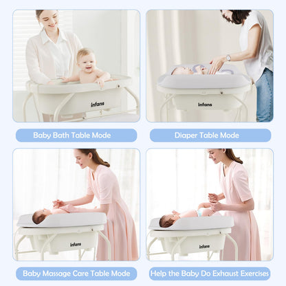INFANS 2 in 1 Baby Changing Table with Bath Tub Unit, Folding Diaper Dresser Station with Wheels Waterproof Pad Storage Rack, Portable Nursery Organizer Stand for Newborn Infant