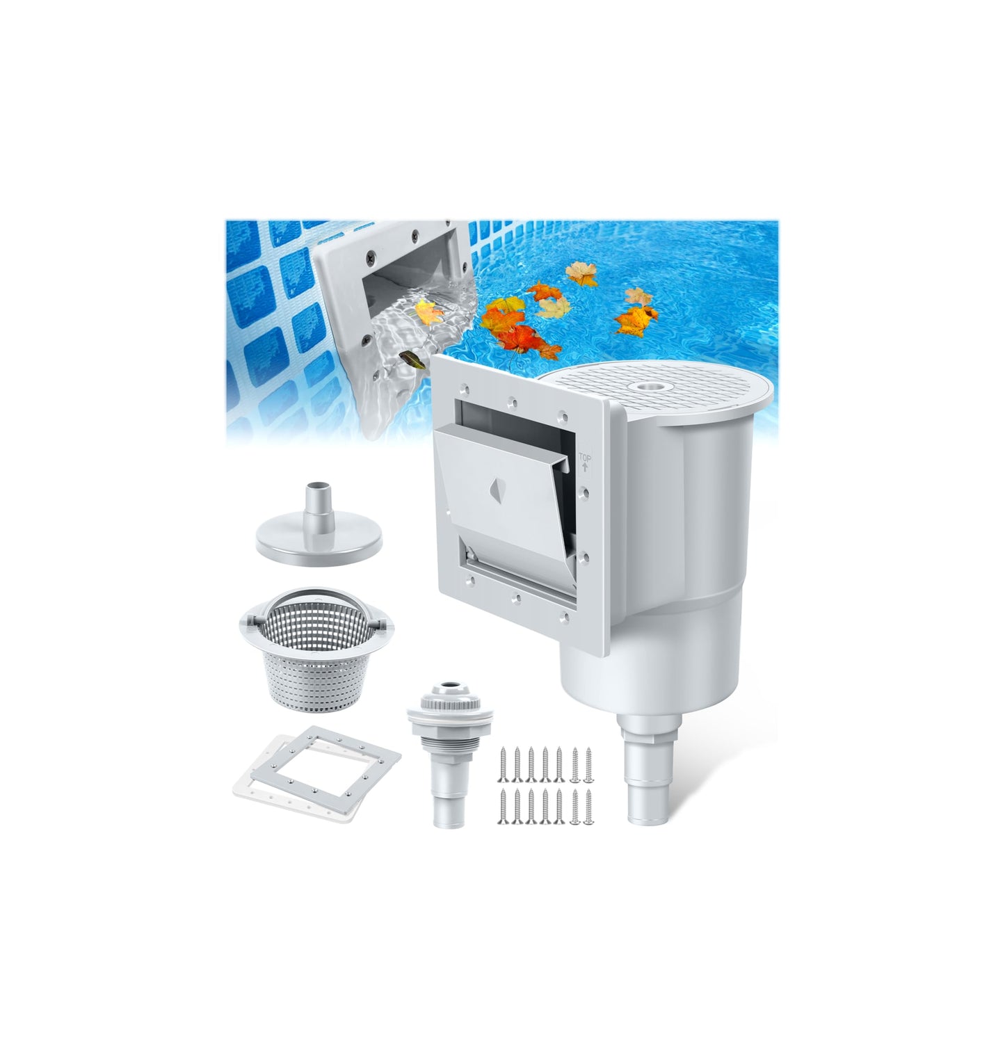 DeeprClean Upgrade Above Ground Pool Skimmer Comes with 3 Socks, Anti-tilt Wall Mount Surface Skimmer, Removable Skimmer Basket, Adjustable Height Bracket, Auto Skimming Pool Surface Leaves - Blue