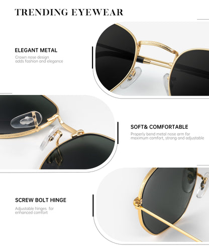 KALIYADI Sonnenbrillen für Damen und Herren Polarisiert Hexagon Damensonnenbrillen Trendy Metallrahmen UV-Schutz (Gold Rahmen Grau Linse)