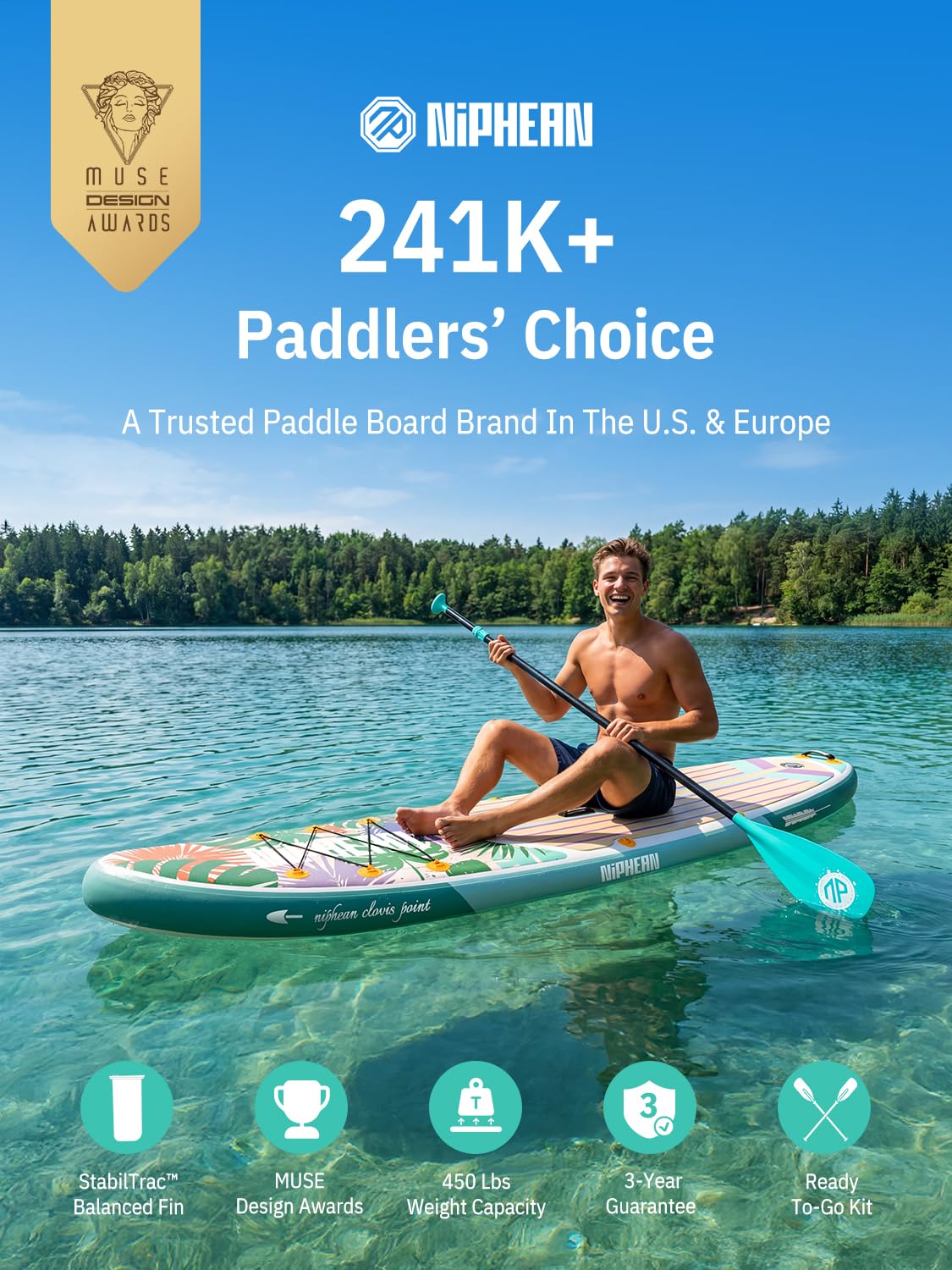 Niphean Inflatable Stand Up Paddle Board with SUP Accessories, Anti-Slip EVA Deck, 10’6’’ Inflatable Paddle Boards for Adults & Youth of All Skill Levels