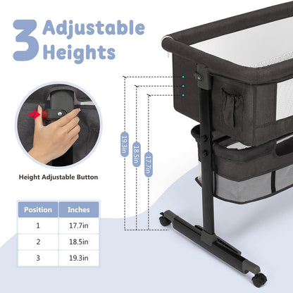 Semphis Baby Bassinet, 3 in 1 Bassinets Bedside Sleeper, Adjustable Height Bedside Sleeper with Rocking Mode, Breathable Mesh, Storage Basket, Wheels, Easy Assemble & Folding (Gray)