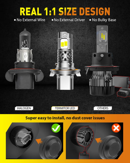 Termitor 2026 Upgraded H4/9003/HB2 Light Bulbs, 90,000LM 15X Super Bright Hi/Low Beam, 6500K Cool White H4 9003 Fog Lights, 1:1 Halogen Size Automotive Replacement IP68 Waterproof, Pack of 2