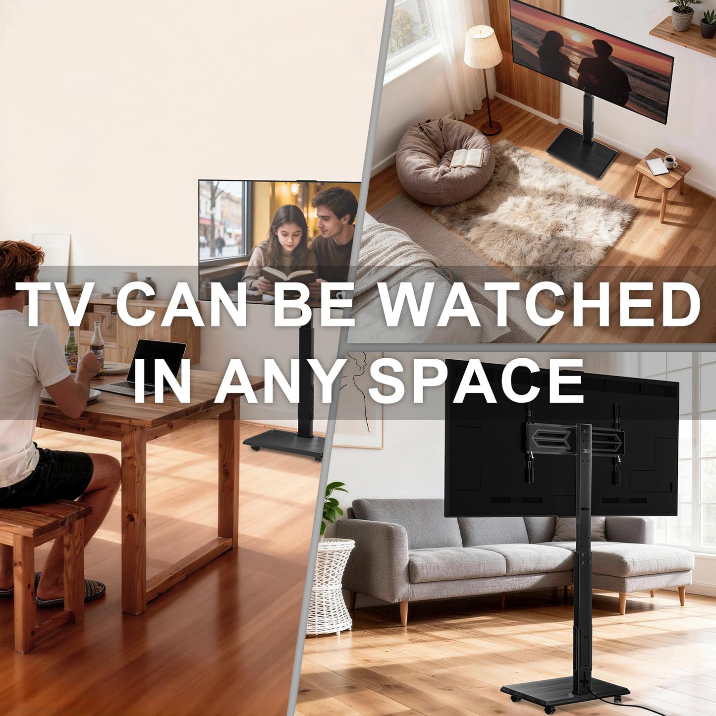 WALI Rolling TV Stand with Power Outlet & AV Shelf, Mobile Tall TV Stand Mount on Wheels for 34-75 inch TV up to 110 lbs, Swivel Height Adjustable TV Cart with Wood Base for Bedroom(TVDVD-6PRW), White
