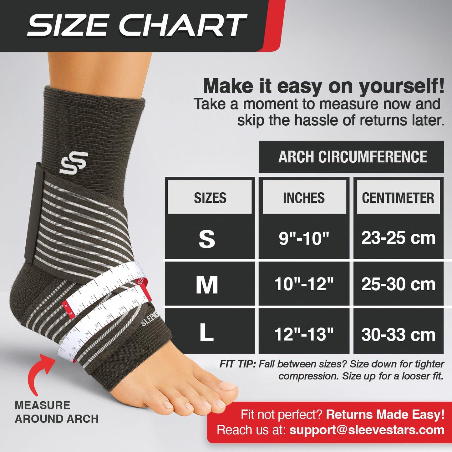 Sleeve Stars Knöchelbandage für Damen & Herren, Knöchelwickel für Verstauchungen, Kompressionsmanschette zur Linderung von Plantarfasziitis, Leicht anpassbare Unterstützung: mit abnehmbarem Gurt (Einzeln/M:25-30cm/Schwarz)