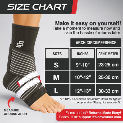 Sleeve Stars Knöchelbandage für Damen & Herren, Knöchelwickel für Verstauchungen, Kompressionsmanschette zur Linderung von Plantarfasziitis, Leicht anpassbare Unterstützung: mit abnehmbarem Gurt (Einzeln/M:25-30cm/Schwarz)