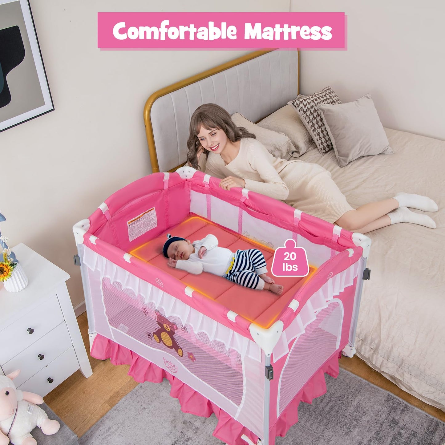 BABY JOY 4 in 1 Pack and Play with Canopy, Portable Baby Playard with Bassinet, Double-Layer Baby Crib, Wheels & Brake, Foldable Baby Girl Pink Bassinet from Newborn to Toddler