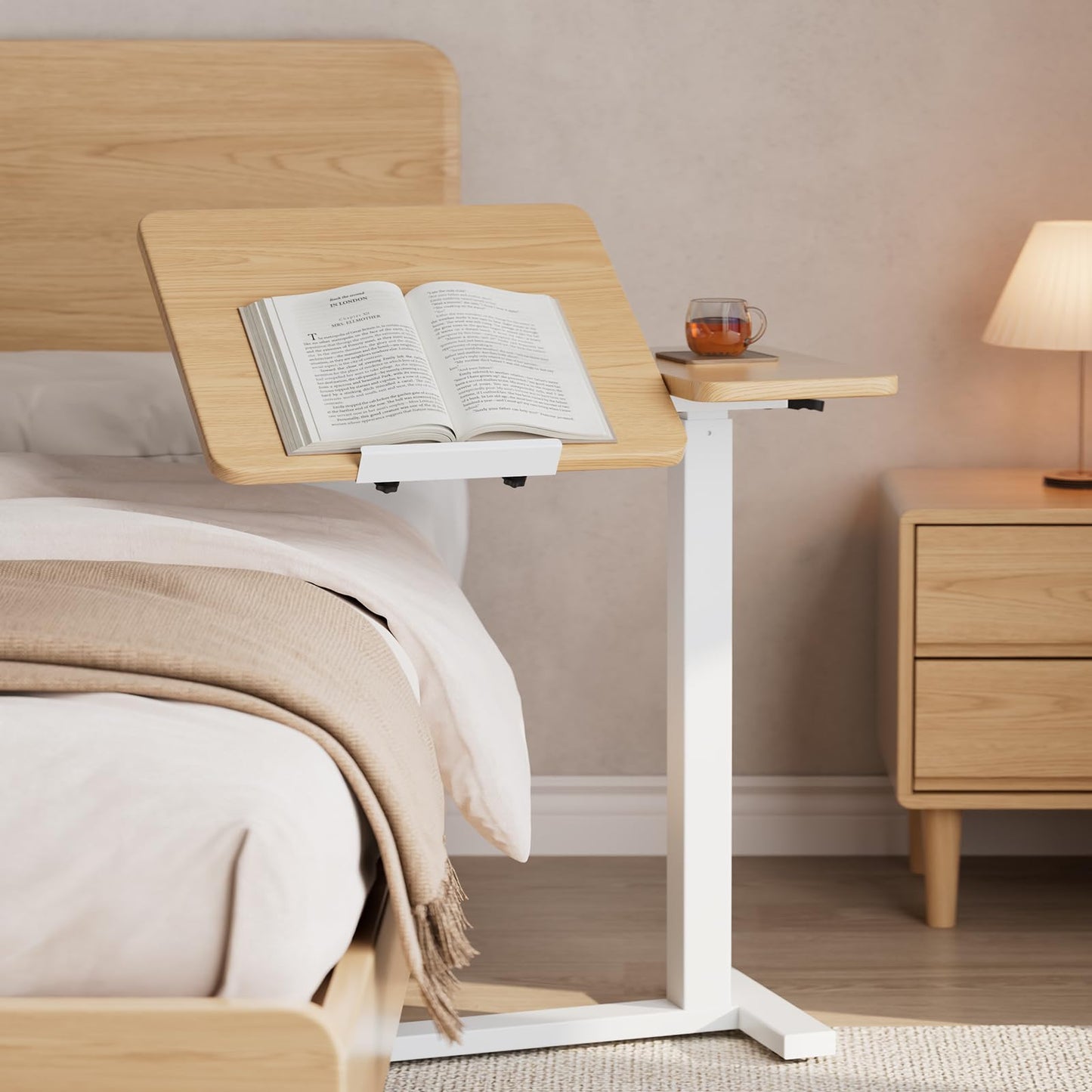 Solid Wood Overbed Bedside Table with Wheels, Tilting Adjustable Hospital Bed Table Over The Bed, Medical Mobile Laptop Stand, Rolling Standing Desk for Hospital and Home Use(Walnut)