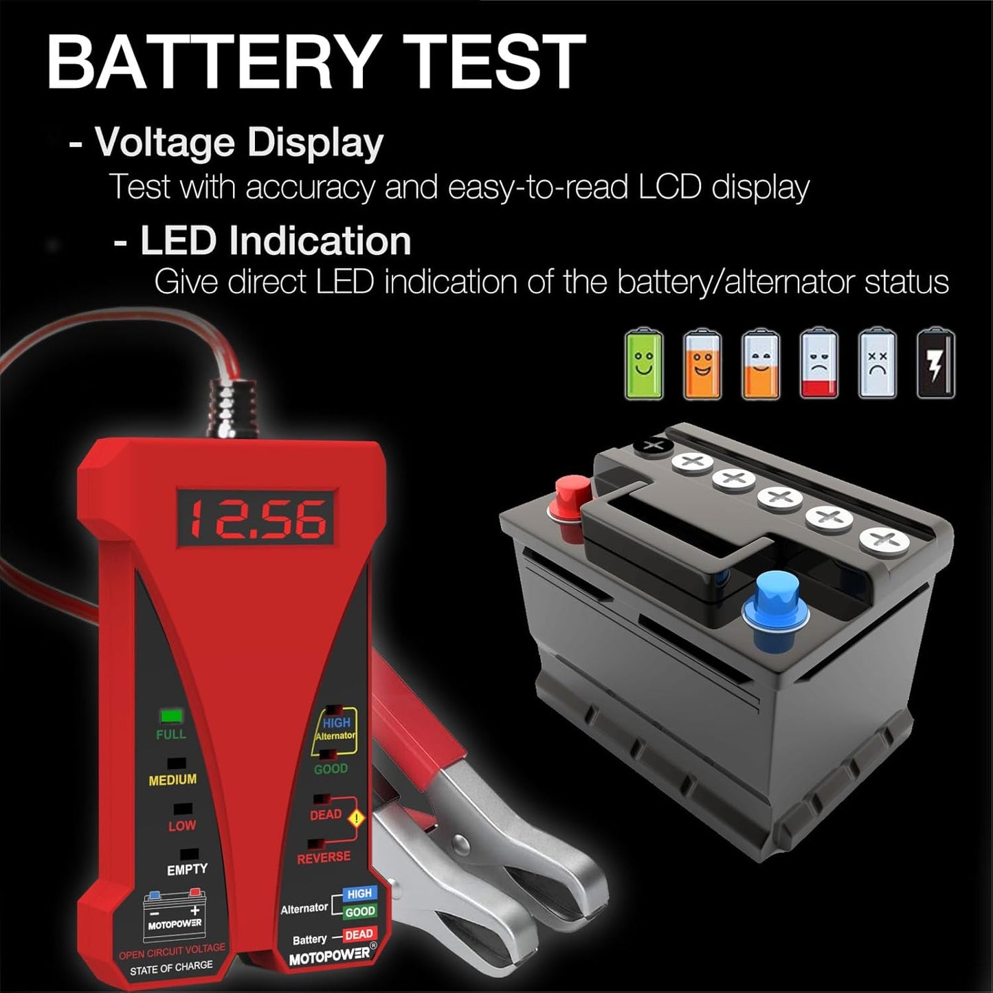 MOTOPOWER MP0514A 12V Digitaler Autobatterietester Voltmeter und Ladesystemanalysator mit LCD-Anzeige und LED-Indikation – Schwarze Gummifarbe
