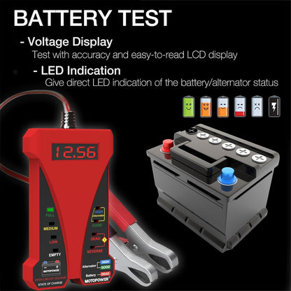 MOTOPOWER MP0514A 12V Digitaler Autobatterietester Voltmeter und Ladesystemanalysator mit LCD-Anzeige und LED-Indikation – Schwarze Gummifarbe