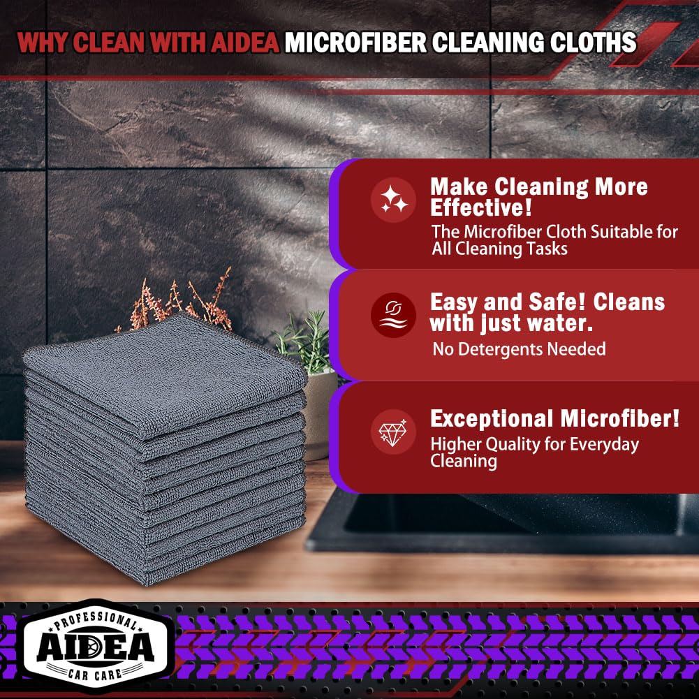AIDEA Microfiber Cleaning Cloths-50PK, Microfiber Towels for Cars, Premium All-Purpose Car Cloth, Dusting Cleaning Rags, Absorbent Towels for SUVs, House, Kitchen, Window, Gift-12×12"