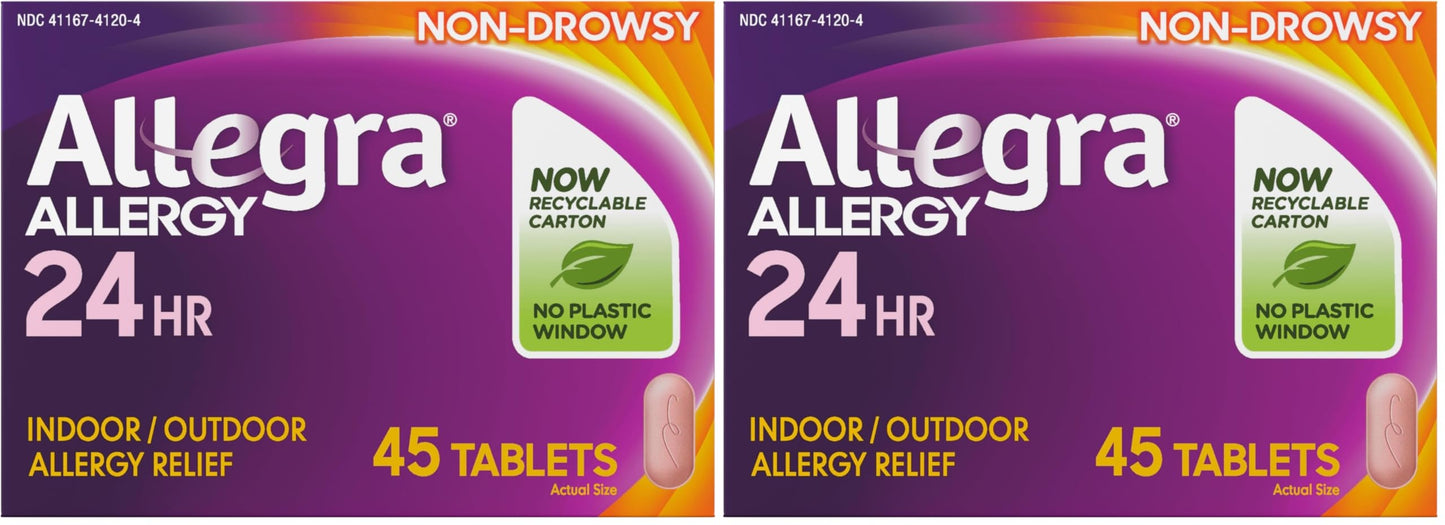 Allegra Adult 24-Hour Allergy Relief Tablets, Non-Drowsy Indoor and Outdoor Allergy Medicine, 180 mg Fexofenadine HCI Antihistamine Pill, 45-Count,(Pack of 2)