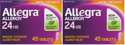 Allegra Adult 24-Hour Allergy Relief Tablets, Non-Drowsy Indoor and Outdoor Allergy Medicine, 180 mg Fexofenadine HCI Antihistamine Pill, 45-Count,(Pack of 2)