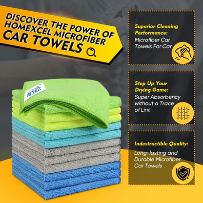 HOMEXCEL Mikrofasertuch 12er-Pack, 31,75 x 31,75 cm Mikrofasertücher für Autos, ultra-saugfähiges Autowaschtuch, fusselfreie, streifenfreie Reinigungstücher für Auto, Küche und Fenster (Grau)