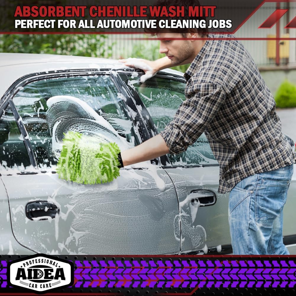 AIDEA Auto Waschhandschuh Mikrofaser, 2er Pack Kratzfrei Fusselfrei, Premium Chenille Mikrofaser Waschhandschuh Auto Waschbürste, Grün, Reguläre Größe 18,08 cm x 25,76 cm