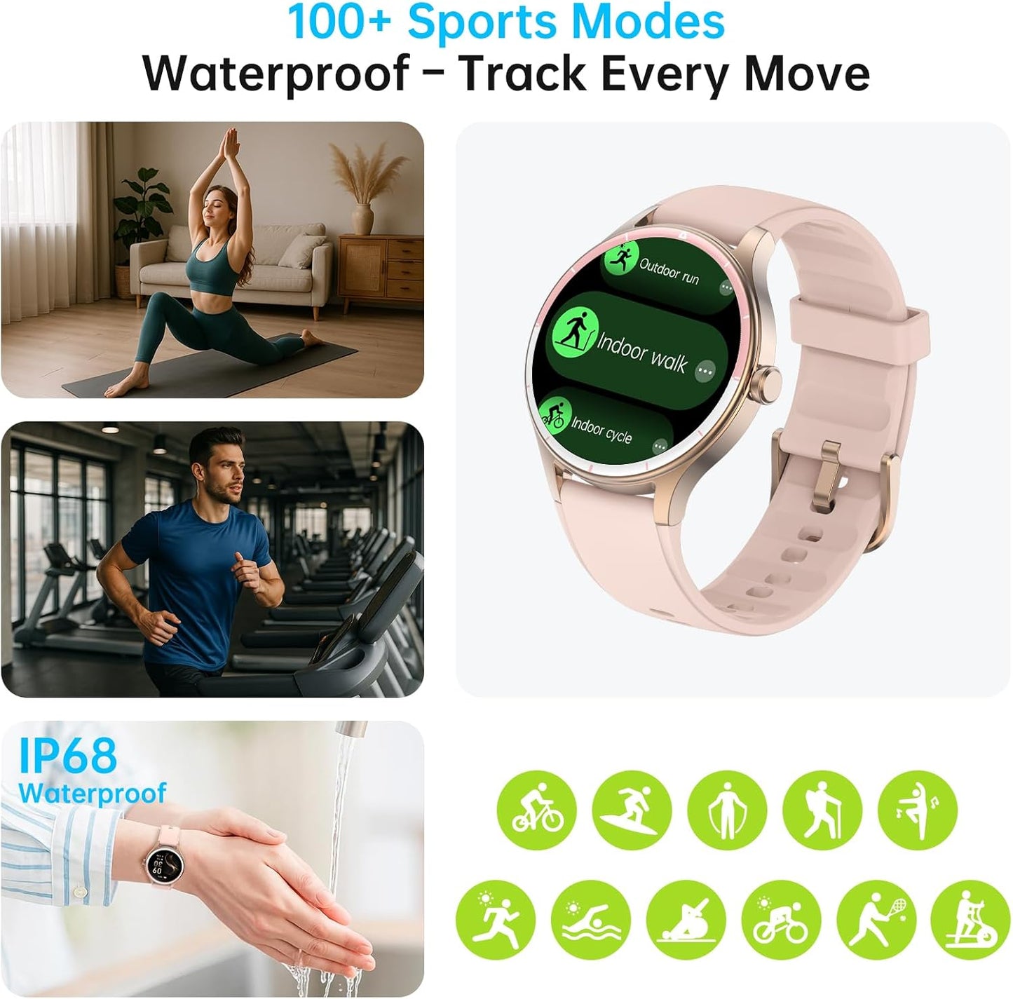 Smartwatch für Herren Damen, 1,27" HD Touchscreen Fitness Tracker, Bluetooth Anrufe, über 100 Sportmodi, Herzfrequenz-Schlafmonitor, DIY Zifferblatt, IP68 Wasserdicht, kompatibel mit Android & iOS