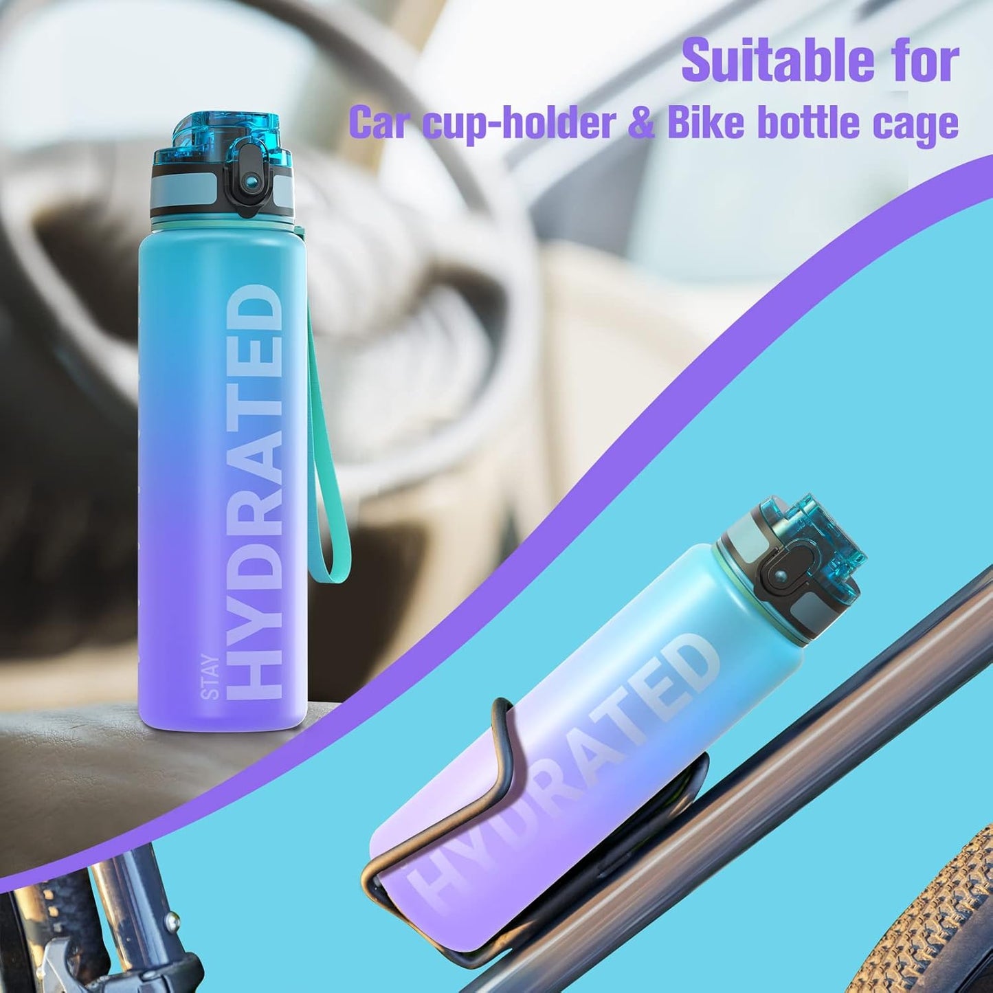 Sahara Sailor Trinkflasche, 950ml Motivations-Sportflasche mit Zeitmarkierung – Trinkzeiten – Tritan, BPA-frei, weite Öffnung auslaufsicher, Fast-Flow-Technologie mit Reinigungsbürste (1 Flasche)