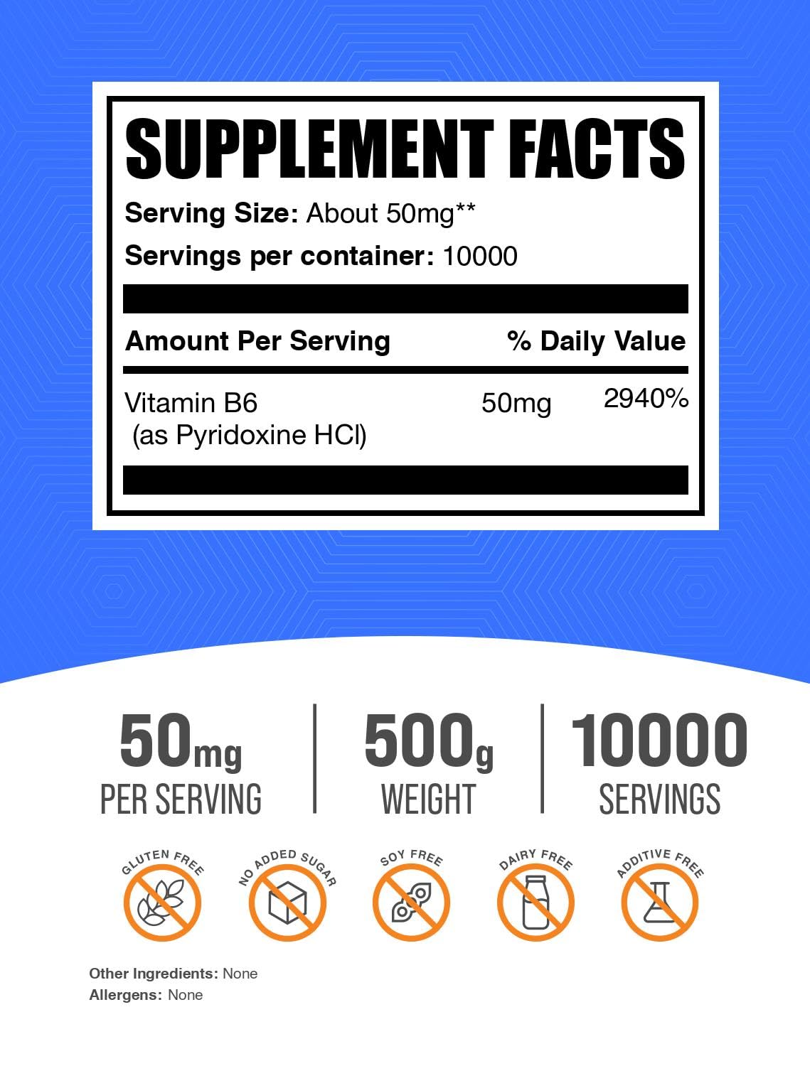BulkSupplements.com Pyridoxine HCl Powder - Vitamin B6 Supplement, Vitamin B6 50mg - for Immune Support, Gluten Free, 50mg of Pyridoxine B6 per Serving, 5kg (11 lbs) (Pack of 5)