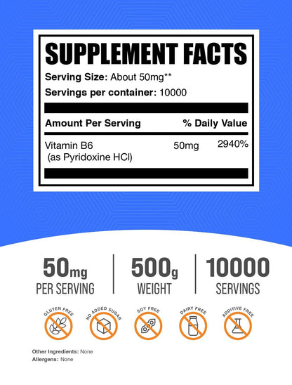 BulkSupplements.com Pyridoxine HCl Powder - Vitamin B6 Supplement, Vitamin B6 50mg - for Immune Support, Gluten Free, 50mg of Pyridoxine B6 per Serving, 5kg (11 lbs) (Pack of 5)