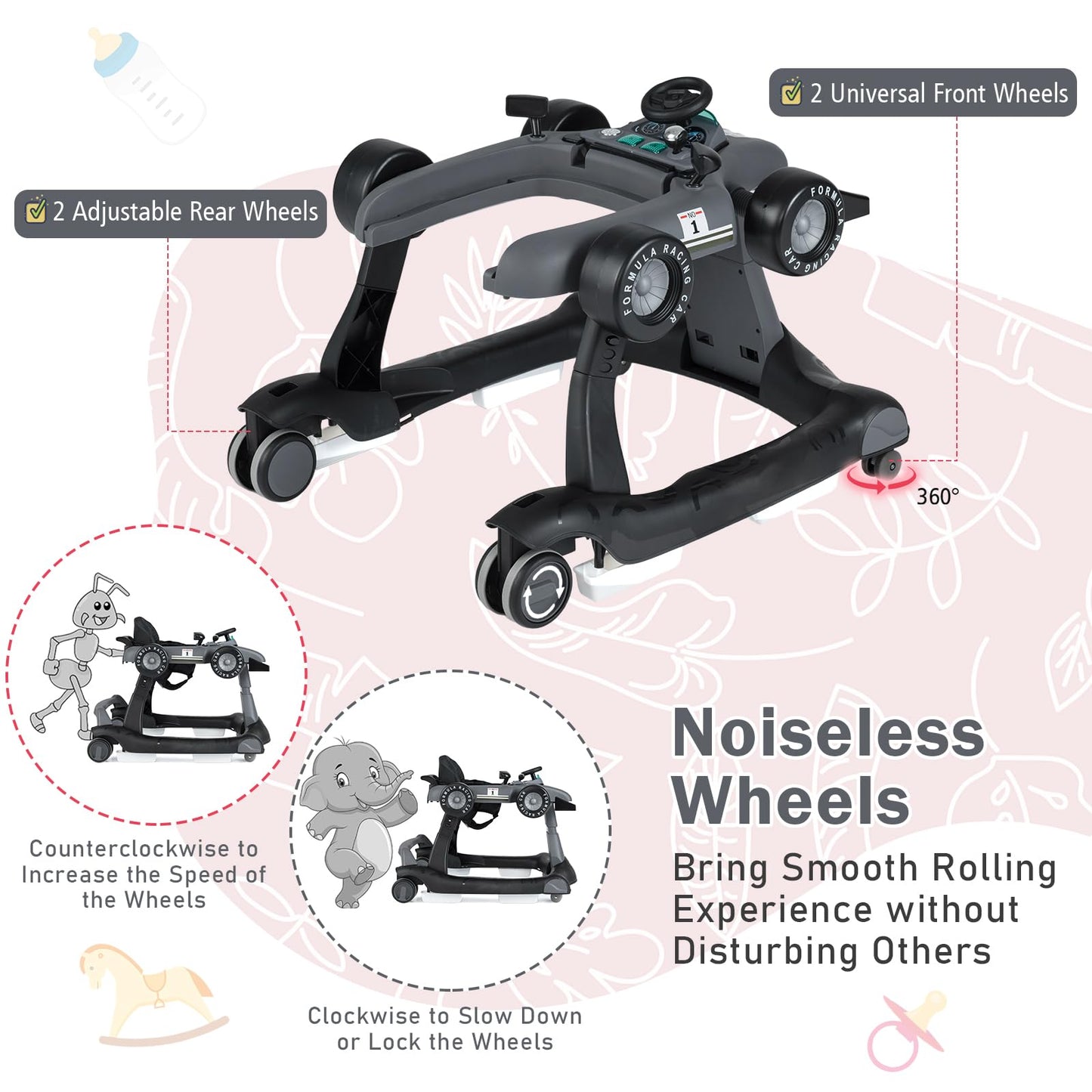 BABY JOY 4-in-1 Baby Walker, Foldable Activity Walker with Adjustable Height & Speed, Music, Lights, Anti-Rollover, Toddler Push Walker, Baby Walker with Wheels for Boys Girls 6-18 Months (Pink)