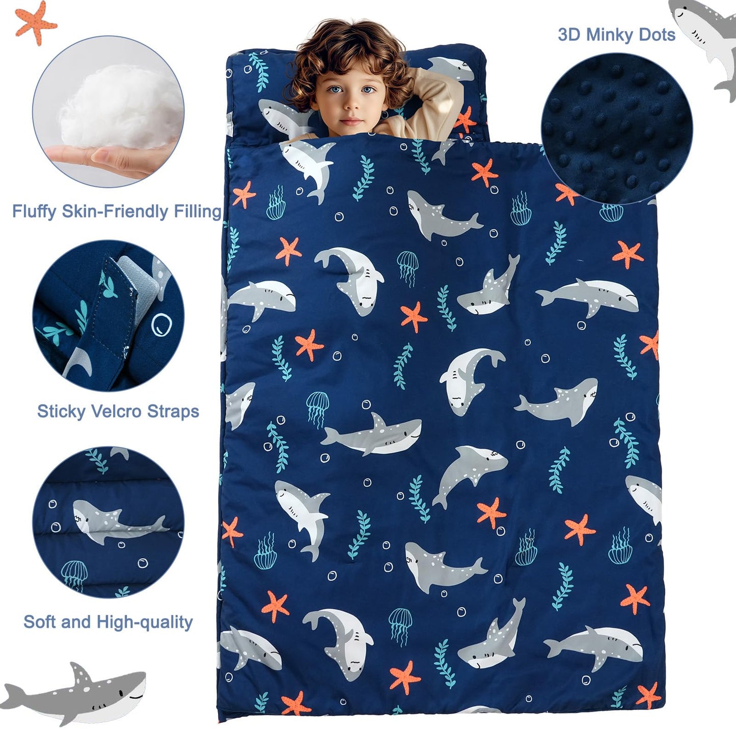 PHF Toddler Nap Mat with Removable Pillow and Minky Blanket, Rollup Design Kids Sleeping Mat, Slumber Bags for Boys, 55"x23" Toddler Sleeping Bag for Daycare Preschool Travel Camping, Space