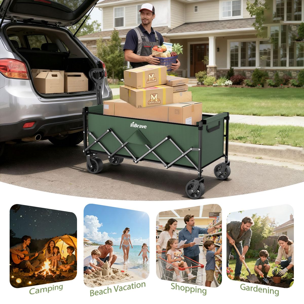Extra Long Collapsible Wagon Cart, 480LBS Heavy Duty Utility Wagons with All-Terrain Wheels, Foldable Grocery Carts for Gardening, Shopping, Beach, Camping, Black