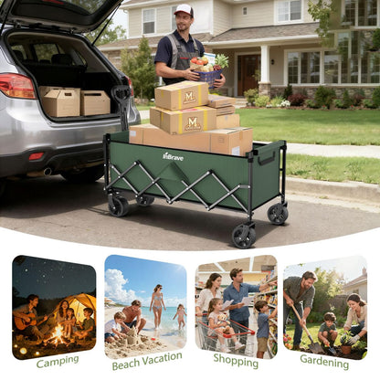 Extra Long Collapsible Wagon Cart, 480LBS Heavy Duty Utility Wagons with All-Terrain Wheels, Foldable Grocery Carts for Gardening, Shopping, Beach, Camping, Black