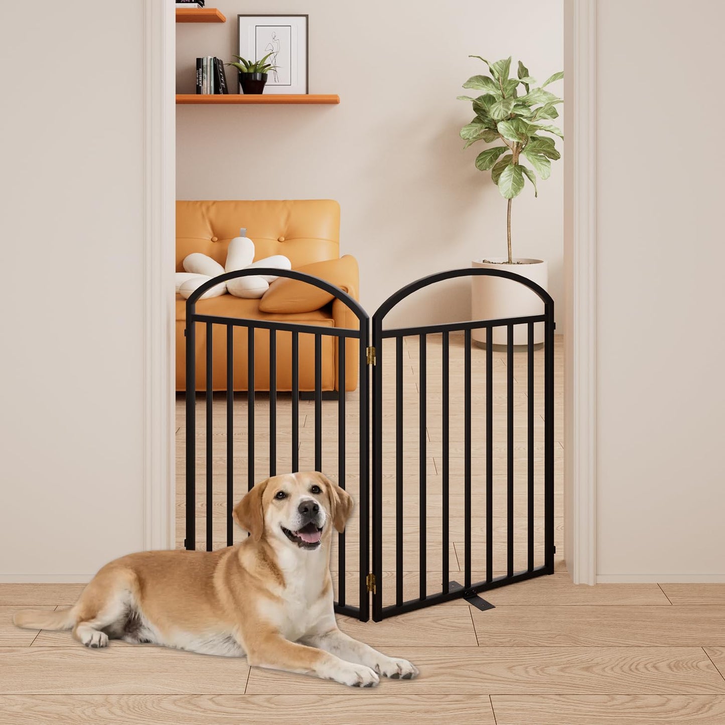 SNUOWU 4 Panels Full Matel Freestanding Dog Gates with Door, 96"Extra Wide 36"Tall Free Standing Dog Pet Gate for Indoor & Outdoor. Foldable Pet Fences for Doorways, House, Stairs, Porch, Deck, Yard