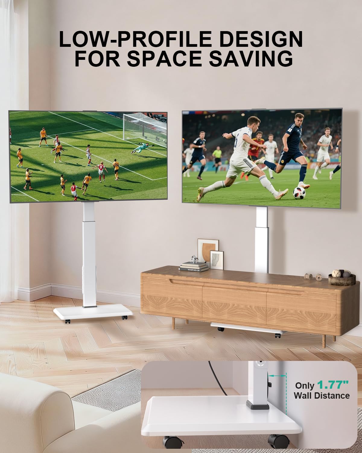 WALI Rolling TV Stand with Power Outlet & AV Shelf, Mobile Tall TV Stand Mount on Wheels for 34-75 inch TV up to 110 lbs, Swivel Height Adjustable TV Cart with Wood Base for Bedroom(TVDVD-6PRW), White