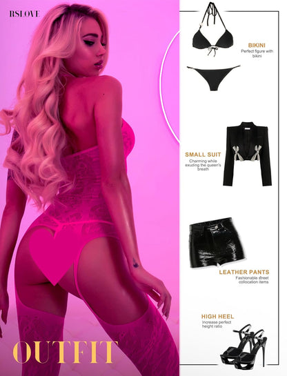RSLOVE Damen Netz Bodystocking mit befestigten Strümpfen, sexy Dessous, offenem Schritt Body, Einteiler Babydoll, Einheitsgröße
