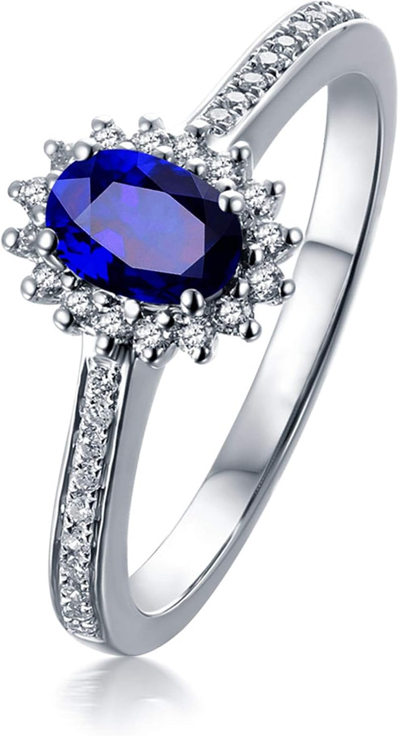 Aienid 18Ct White Gold Wedding Bands for Women 0.56Ct Blue Topaz Oval Shaped with Round Diamond Wedding Rings for Women
