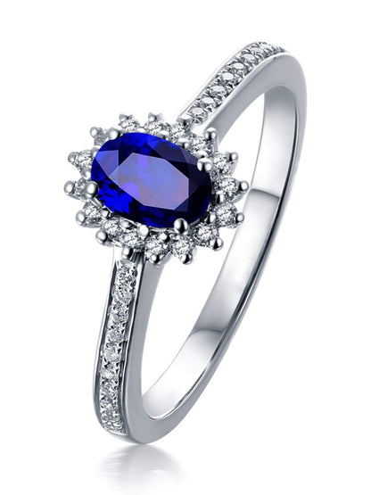 Aienid 18Ct White Gold Wedding Bands for Women 0.56Ct Blue Topaz Oval Shaped with Round Diamond Wedding Rings for Women