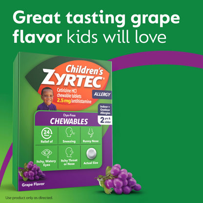 Zyrtec Children's Dye-Free Chewables for 24 Hour Allergy Relief, 10 mg Cetirizine Hydrochloride Antihistamine Tablets, Kids Allergy Medicine Relieves Sneezing & Itchy Throat, Grape, 48 ct(Pack of 2)