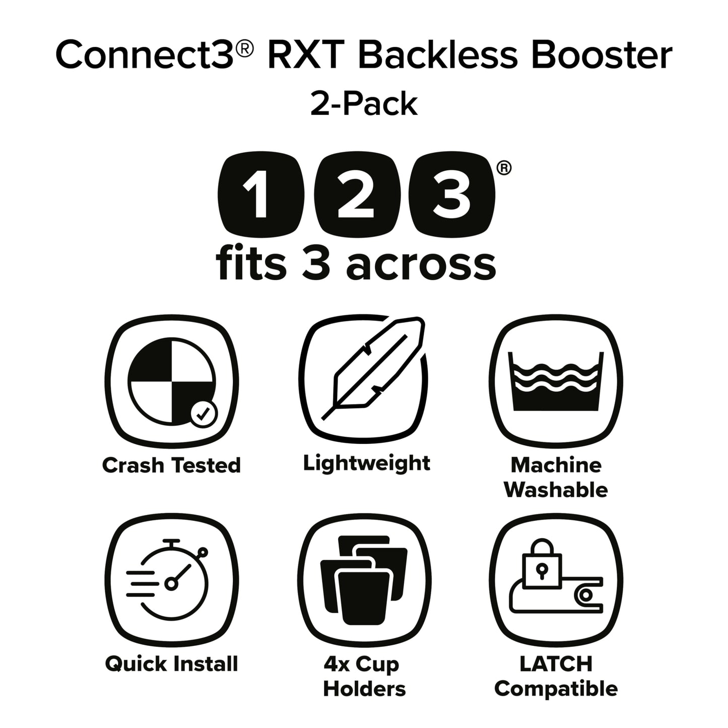 Diono Connect3 RXT Backless Booster, Slim Fit 3-Across in Many Mid-Sized Sedans and SUVs, for Children from 40-120 lbs., Lightweight with Latch connectors