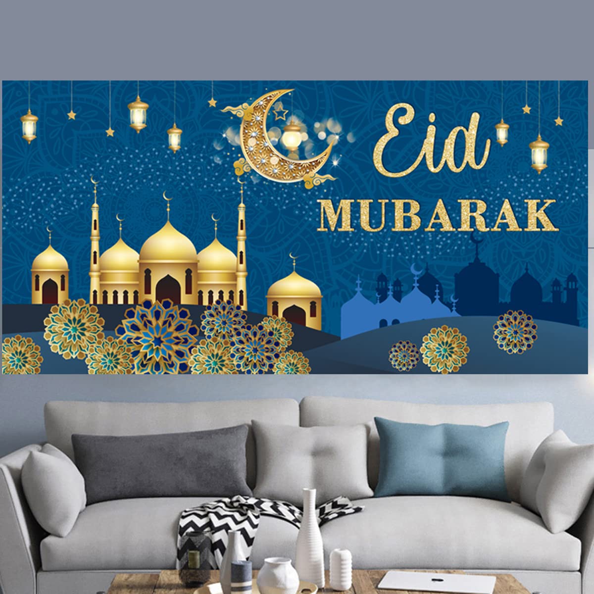 PARSUP Eid blauer Banner, geometrisches Muster, 78 x 43 Zoll, Wandmontage, muslimische Ramadan-Party-Zubehör