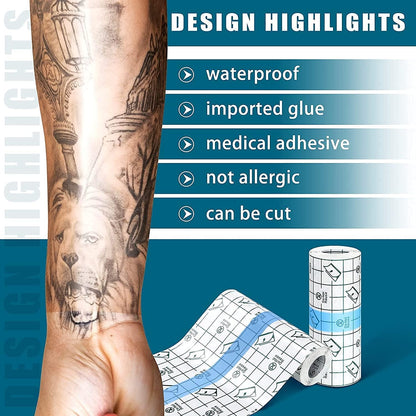 Tattoo-Nachsorgeverband – Wasserdichtes Pflaster zum Hautschutz – „Zweite Haut“ Verband zur Wundheilung – Transparente Tattoo-Folie – Sterile und sichere Klarsicht-Verbandsrolle für Tattoo-Zubehör