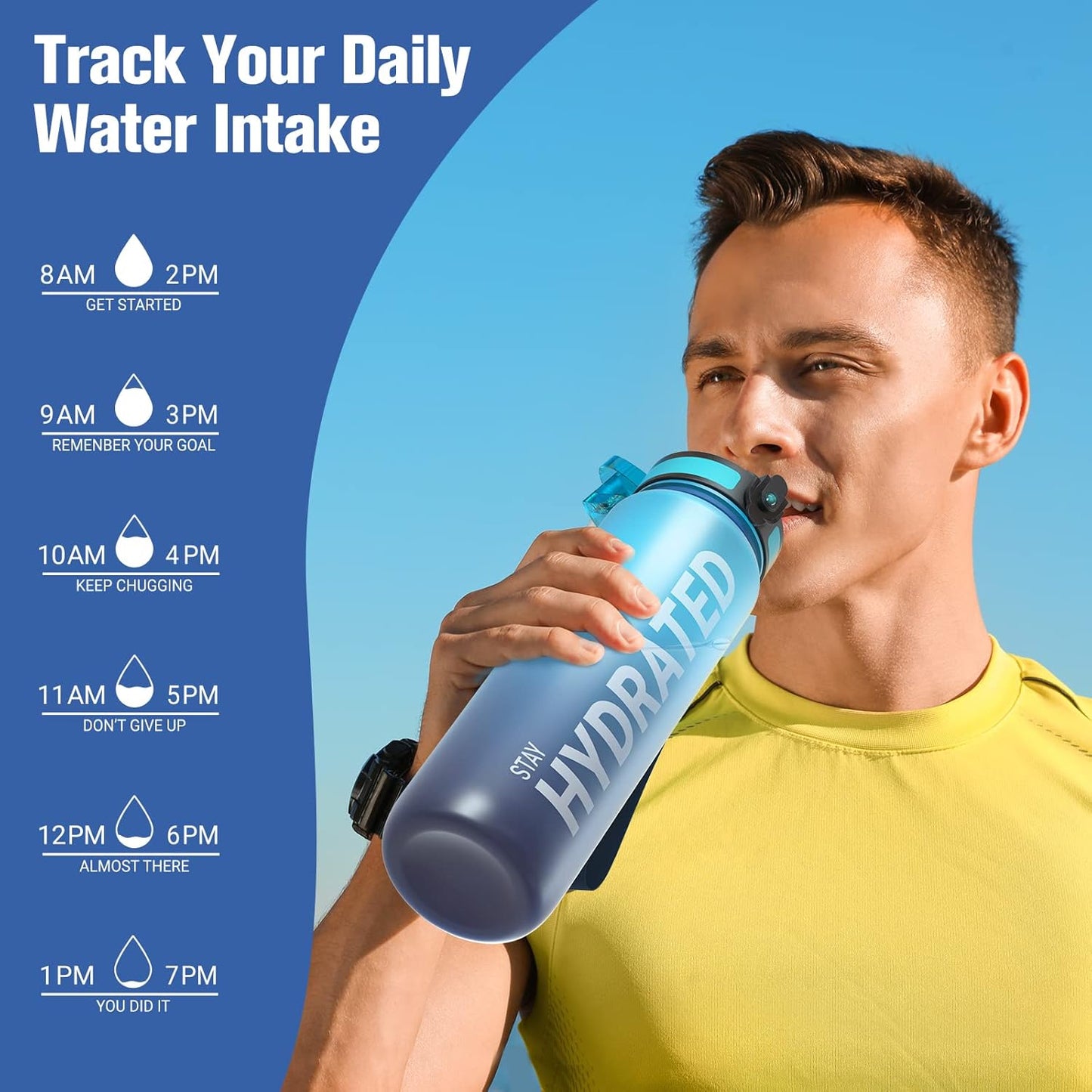 Sahara Sailor Trinkflasche, 950ml Motivations-Sportflasche mit Zeitmarkierung – Trinkzeiten – Tritan, BPA-frei, weite Öffnung auslaufsicher, Fast-Flow-Technologie mit Reinigungsbürste (1 Flasche)