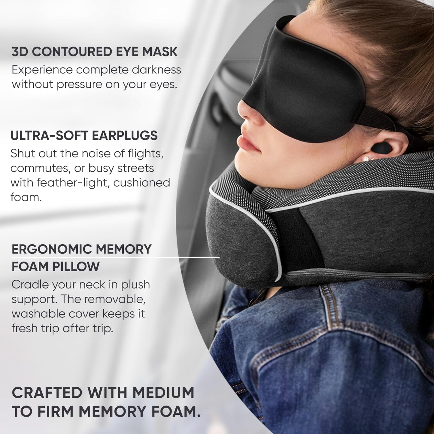 Proglobe Orthopädisches Nackenkissen Reise-Nackenkissen für Flugzeuge, Memory Foam Kit, aktualisiertes Ruhematerial, Flugreise-Set mit 3D-konturierter Augenmaske, Ohrstöpseln und luxuriösem Netzbeutel (Grau)