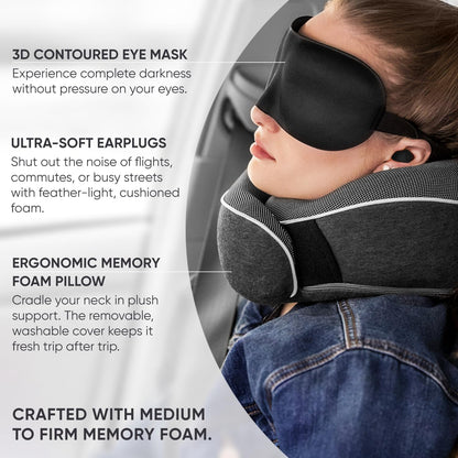 Proglobe Orthopädisches Nackenkissen Reise-Nackenkissen für Flugzeuge, Memory Foam Kit, aktualisiertes Ruhematerial, Flugreise-Set mit 3D-konturierter Augenmaske, Ohrstöpseln und luxuriösem Netzbeutel (Grau)