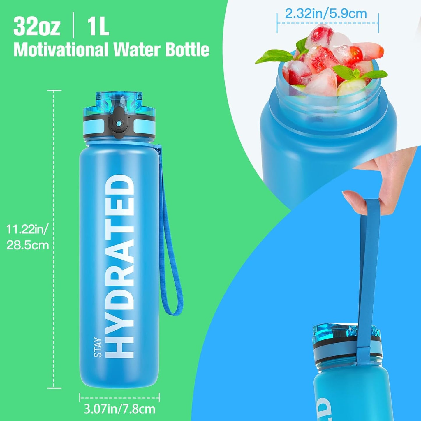 Sahara Sailor Trinkflasche, 950ml Motivations-Sportflasche mit Zeitmarkierung – Trinkzeiten – Tritan, BPA-frei, weite Öffnung auslaufsicher, Fast-Flow-Technologie mit Reinigungsbürste (1 Flasche)