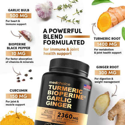 MEDCHOICE Turmeric & Ginger (120ct), Sleep Melatonin (180ct), and Nootropic Brain (120ct) Supplement Bundle - Wellness Trio for Brain, Sleep, & Immune Support - Vegan, Non-GMO, Gluten-Free