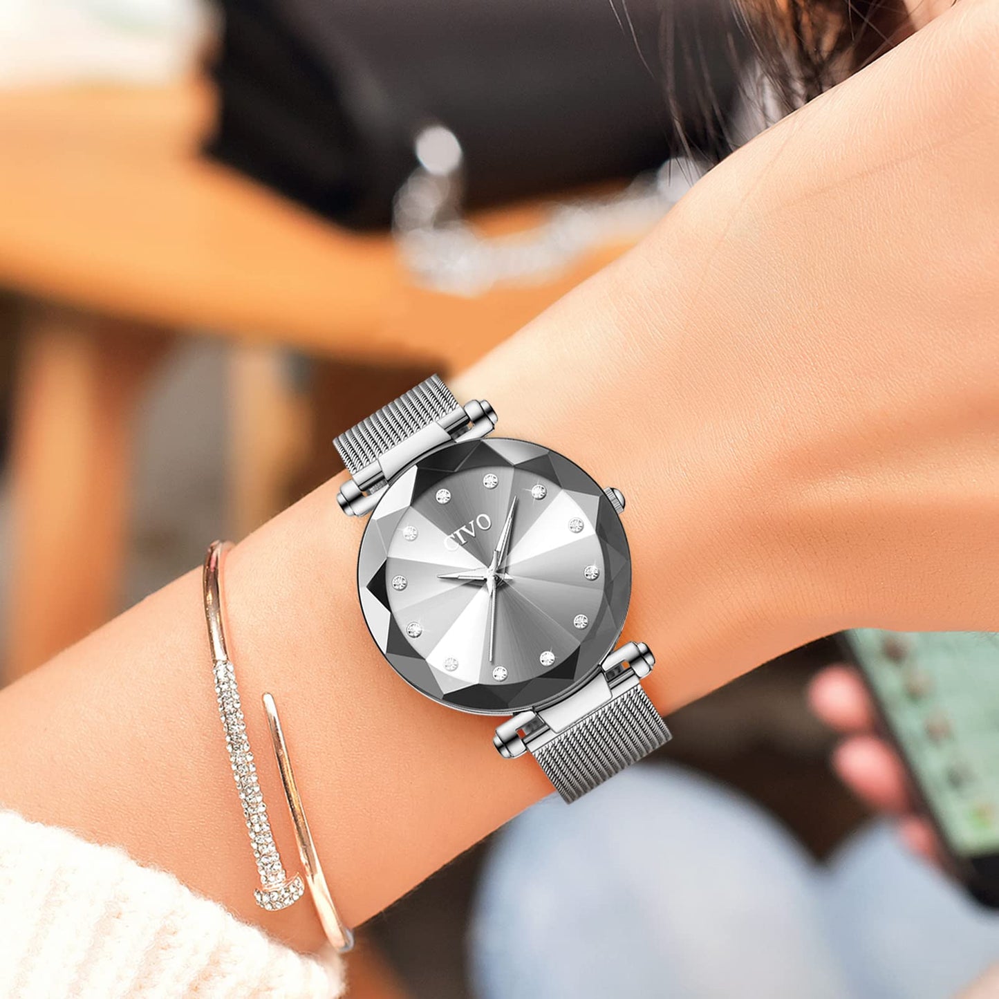 CIVO Damenarmbanduhr, wasserdichte analoge Quarzdameuhr für Damen, Roségold-Mesh-Armband, elegant, luxuriös, Designer-Damenuhr mit Diamant-Zifferblatt