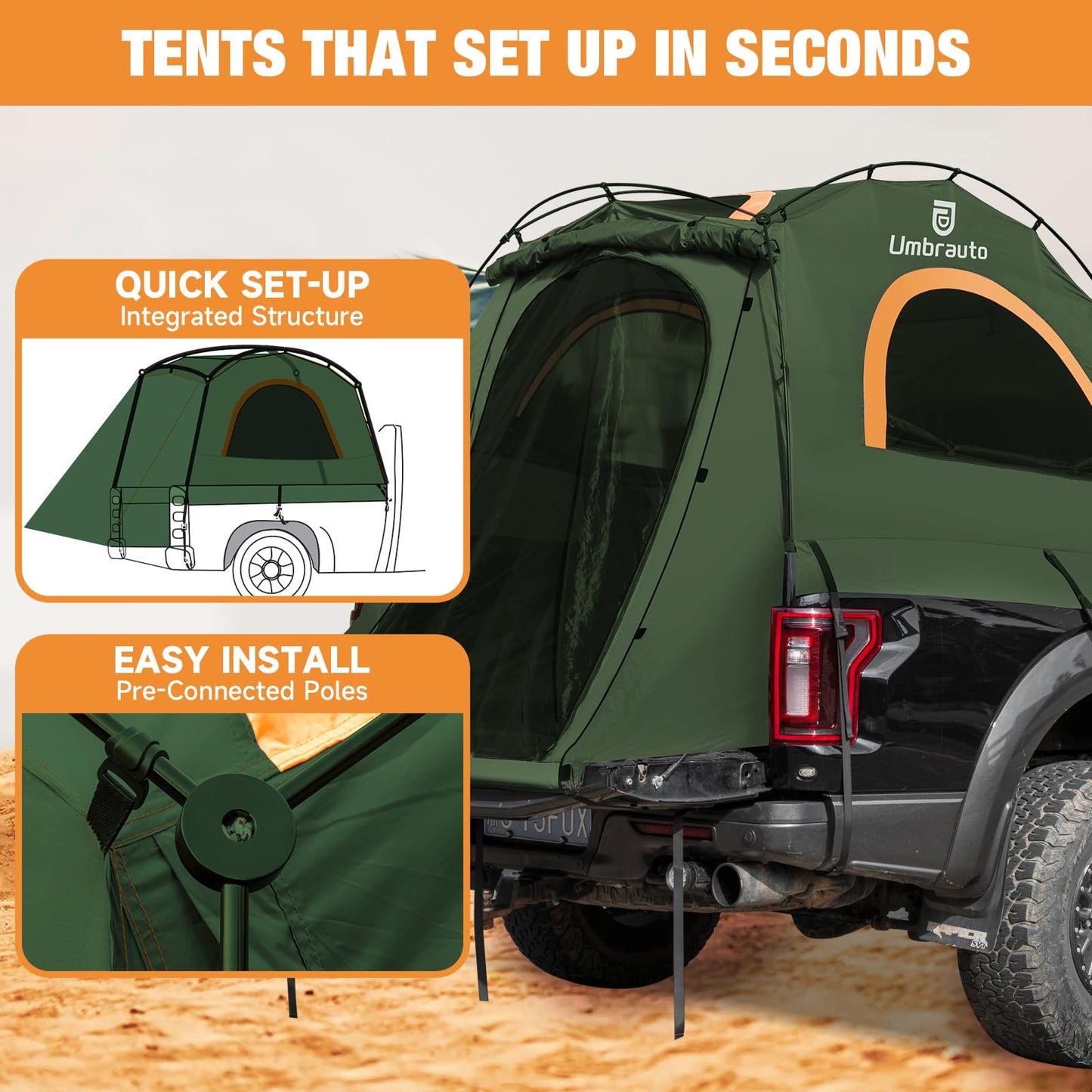 Truck Bed Tent 5.5-6ft: Easy Set Up Umburato Pickup Truck Tents for Camping, Waterproof PU3000mm Canopy for Truck Camper, Portable, Spacious for 2 Person Green