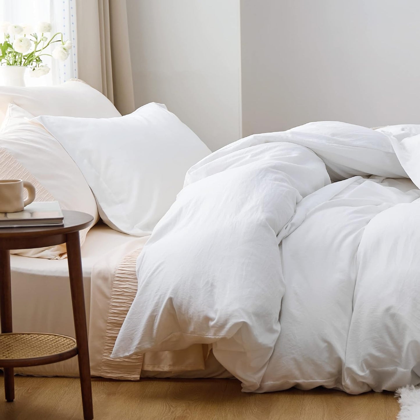 Funda nórdica blanca Bedsure, tamaño Queen, 3 piezas, aspecto de algodón prelavado, juego de cama extrasuave, incluye 1 funda nórdica de 228 x 228 cm con cierre de cremallera y 2 fundas de almohada, edredón no incluido