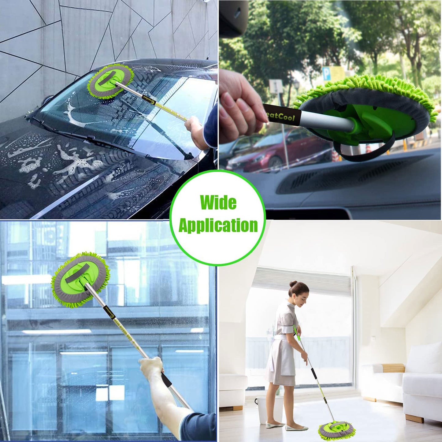 GreatCool 62" Autowaschbürsten-Mopp-Set mit langem Stiel, 2-in-1 Chenille-Mikrofaser-Schwamm-Waschhandschuh zur Reinigung und Pflege, Staubwedel zum Waschen von Autos, LKW, SUV, Wohnmobilen und für den Haushalt (2 x Moppkopf)