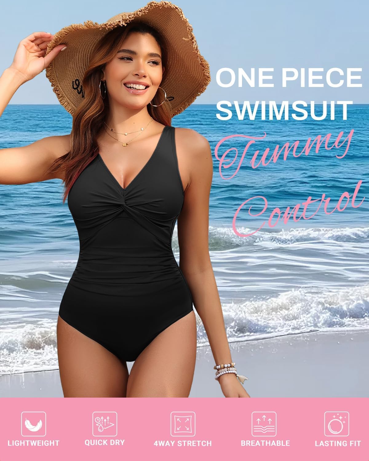 Holipick Black Women Tummy Control One Piece Swimsuit